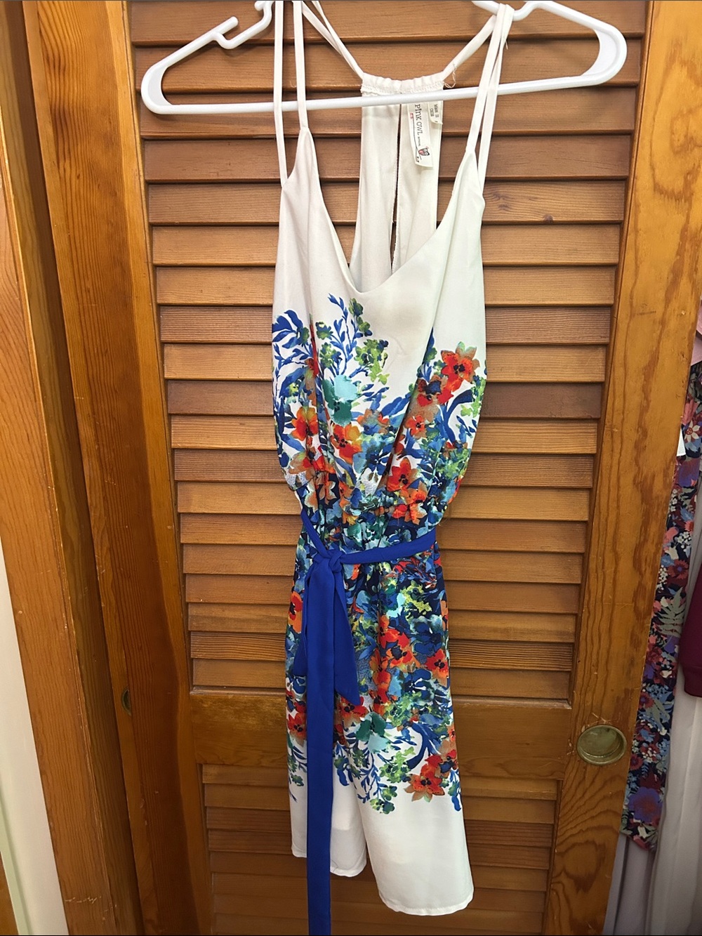 White Floral Mini Dress with Blue Tie
